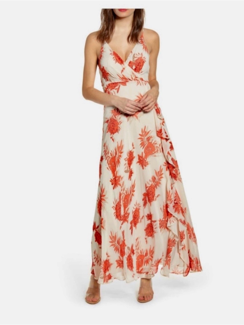 ASTR Cream Maxi Dress with Coral Floral Print